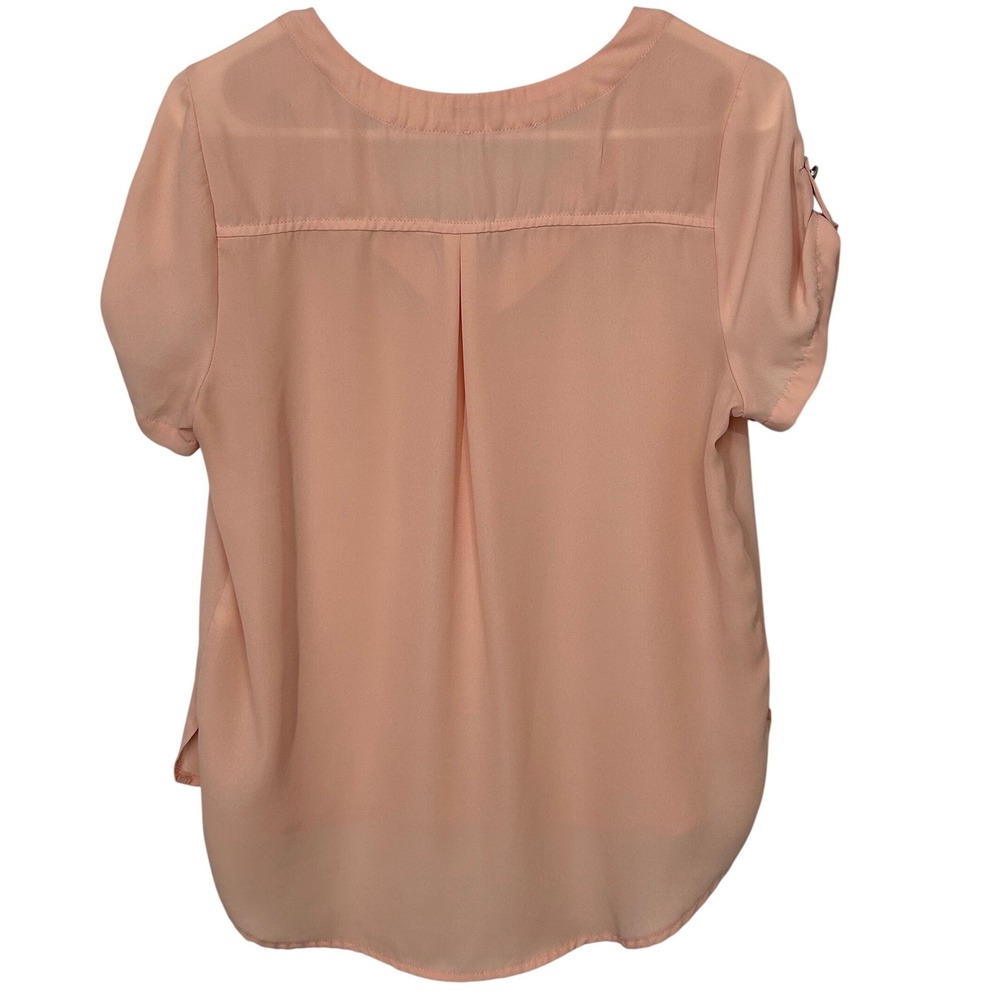 Lily White Peachy Pink‎ Short Tabbed Sleeves Chiffon Blouse Women's Size M - Picture 5 of 5